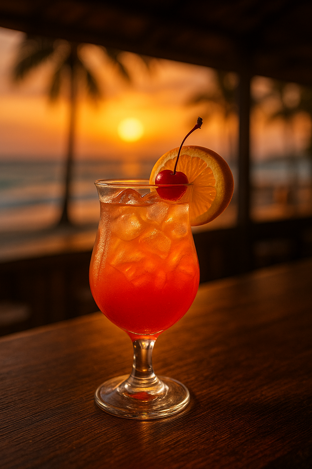 Long Island Sunset cocktail recipe in a hurricane glass with orange and cherry garnish under sunset lighting