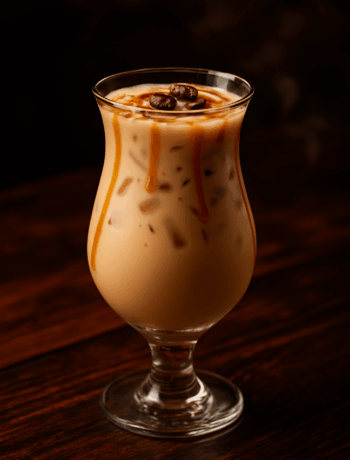 Mad Russian cocktail recipe in a hurricane glass with caramel drizzle and coffee beans on a dark wooden bar