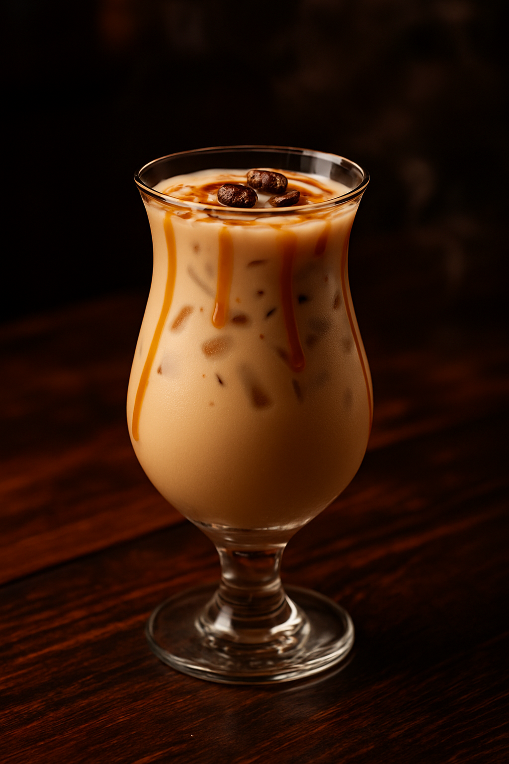 Mad Russian cocktail recipe in a hurricane glass with caramel drizzle and coffee beans on a dark wooden bar