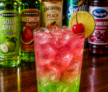 A magic pixie cocktail recipe served in a highball glass with lime and cherry garnish on a neighborhood bar counter.
