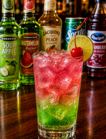 A magic pixie cocktail recipe served in a highball glass with lime and cherry garnish on a neighborhood bar counter.