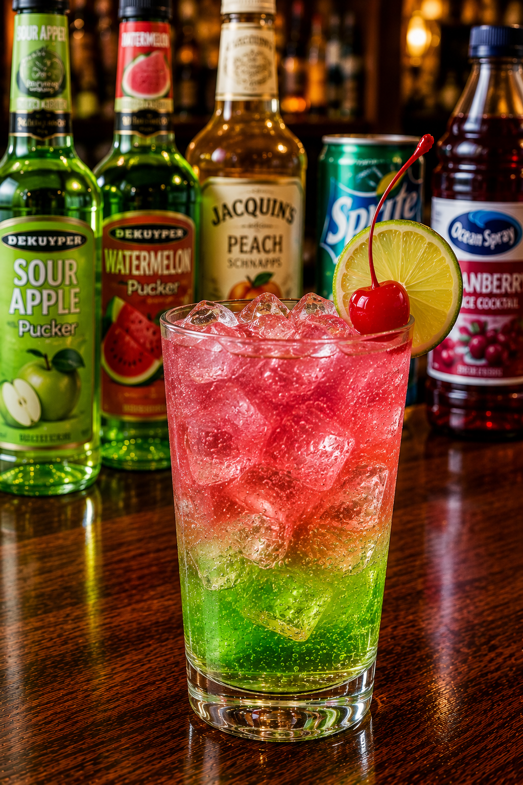 A magic pixie cocktail recipe served in a highball glass with lime and cherry garnish on a neighborhood bar counter.