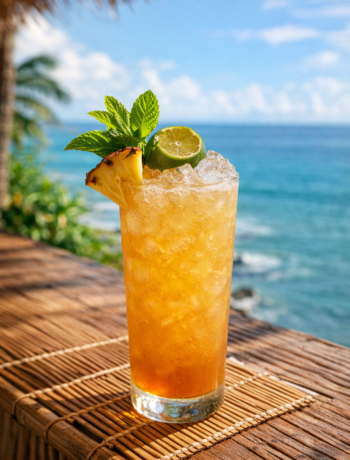 A mai tai swizzle cocktail recipe served in a highball glass with crushed ice, pineapple, mint, and ocean in the background.
