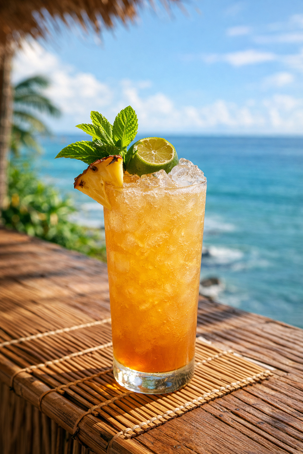 A mai tai swizzle cocktail recipe served in a highball glass with crushed ice, pineapple, mint, and ocean in the background.