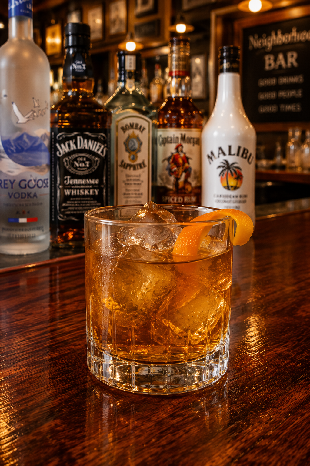 A master and commander cocktail recipe served in an old fashioned glass with large ice cubes and orange twist garnish on a neighborhood bar counter.