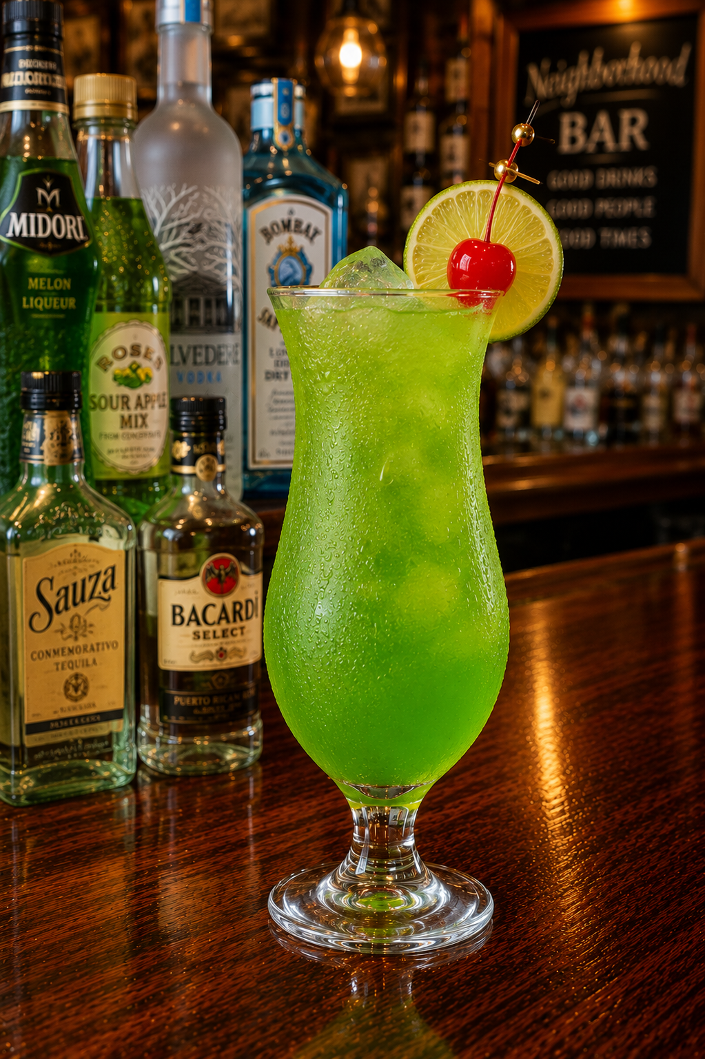 A midori madness cocktail recipe served in a hurricane glass with lime and cherry garnish on a neighborhood bar counter.