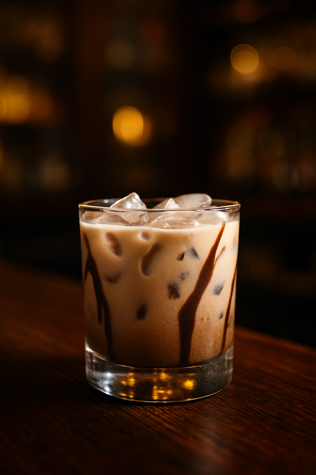 Mud Slide cocktail recipe in an old fashioned glass with ice and chocolate drizzle on a dark wooden bar