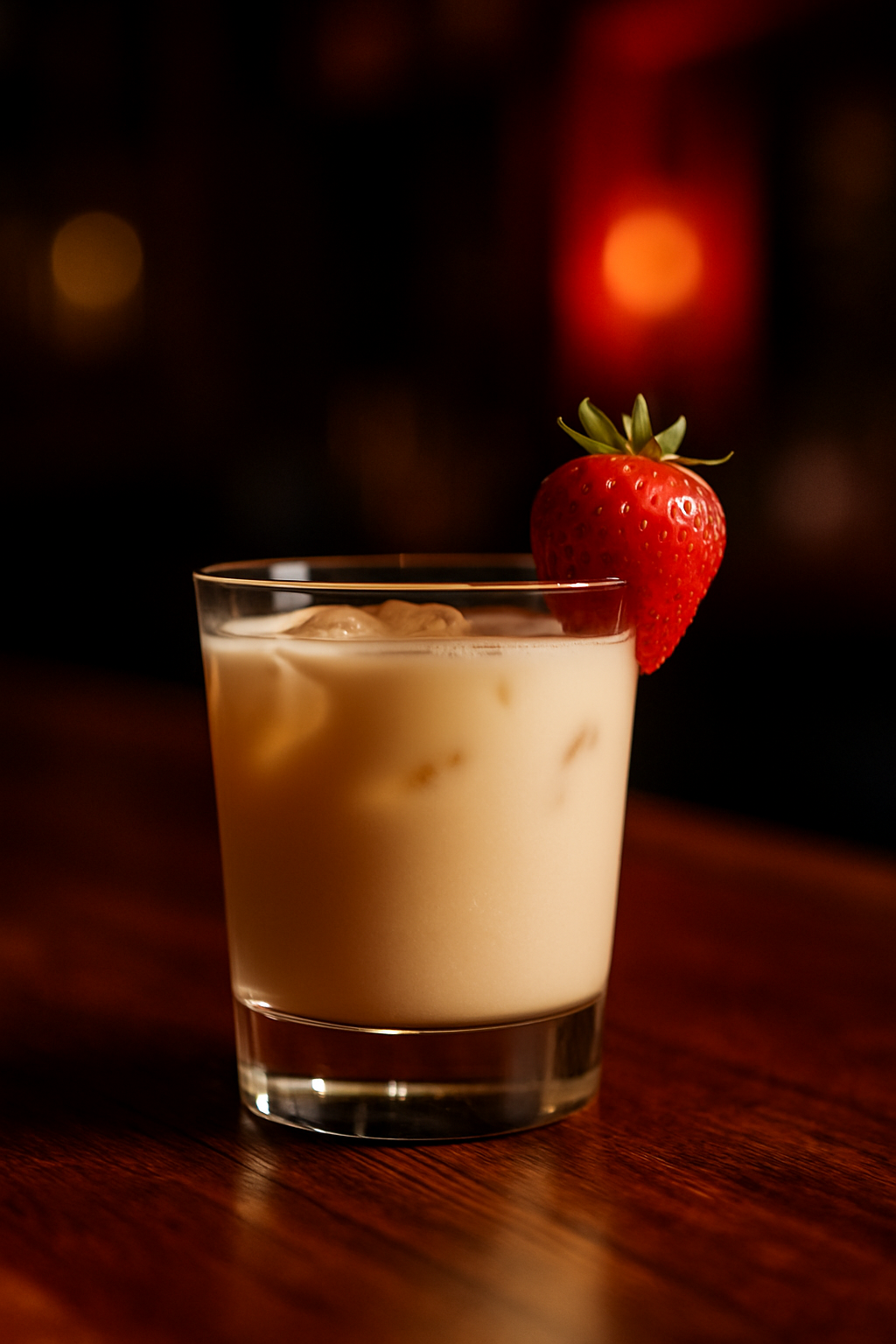 Multiple Orgasm cocktail recipe in an old fashioned glass with a strawberry garnish on a wooden bar