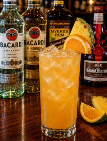 A navy grog cocktail recipe served in a Collins glass with pineapple and orange garnish on a neighborhood bar counter.