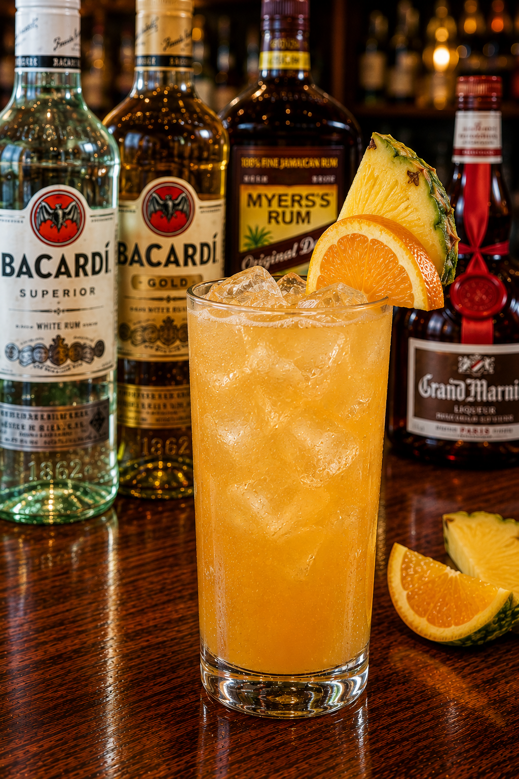 A navy grog cocktail recipe served in a Collins glass with pineapple and orange garnish on a neighborhood bar counter.