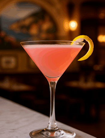 Neapolitan cocktail recipe in a pink hue served in a cocktail glass with a lemon twist garnish on a marble bar