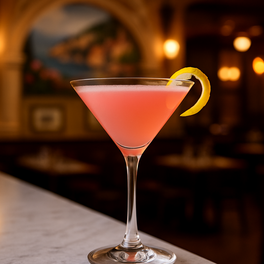 Neapolitan cocktail recipe in a pink hue served in a cocktail glass with a lemon twist garnish on a marble bar