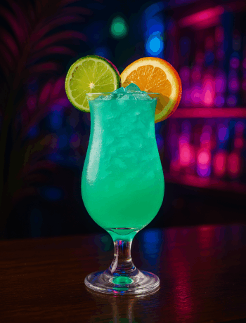 Neon Iguana cocktail recipe in a hurricane glass with lime and orange garnish under neon tropical lighting