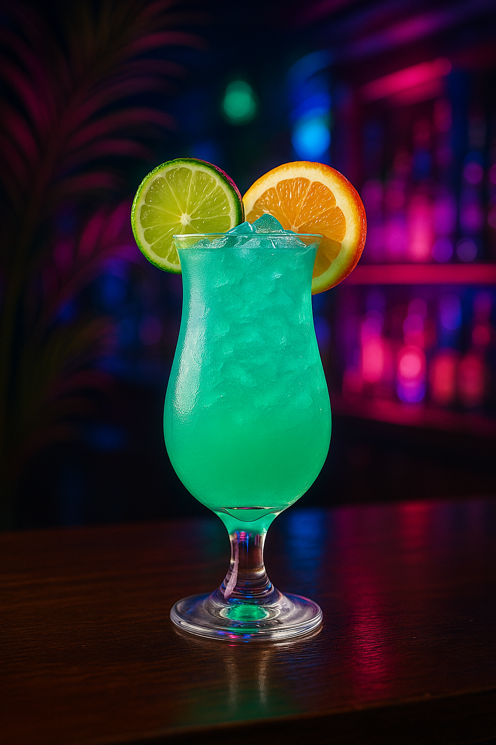 Neon Iguana cocktail recipe in a hurricane glass with lime and orange garnish under neon tropical lighting