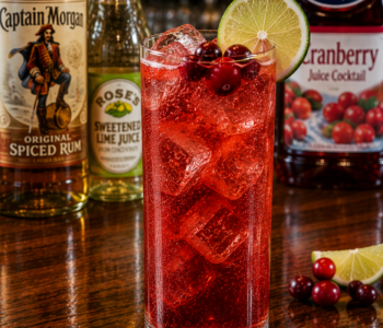 A nuclear mantis cocktail recipe served in a Collins glass with cranberry garnish and lime wheel on a neighborhood bar counter.