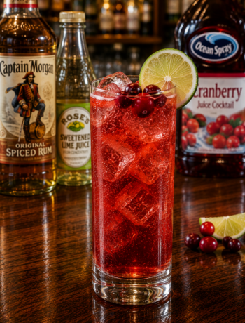 A nuclear mantis cocktail recipe served in a Collins glass with cranberry garnish and lime wheel on a neighborhood bar counter.