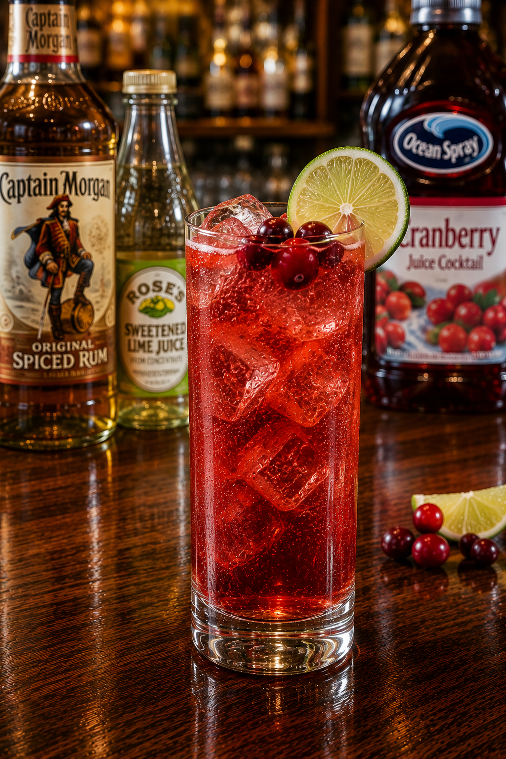 A nuclear mantis cocktail recipe served in a Collins glass with cranberry garnish and lime wheel on a neighborhood bar counter.