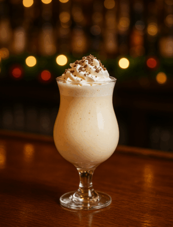 Nutcracker cocktail recipe in a piña colada glass topped with whipped cream and chocolate shavings on a festive holiday bar