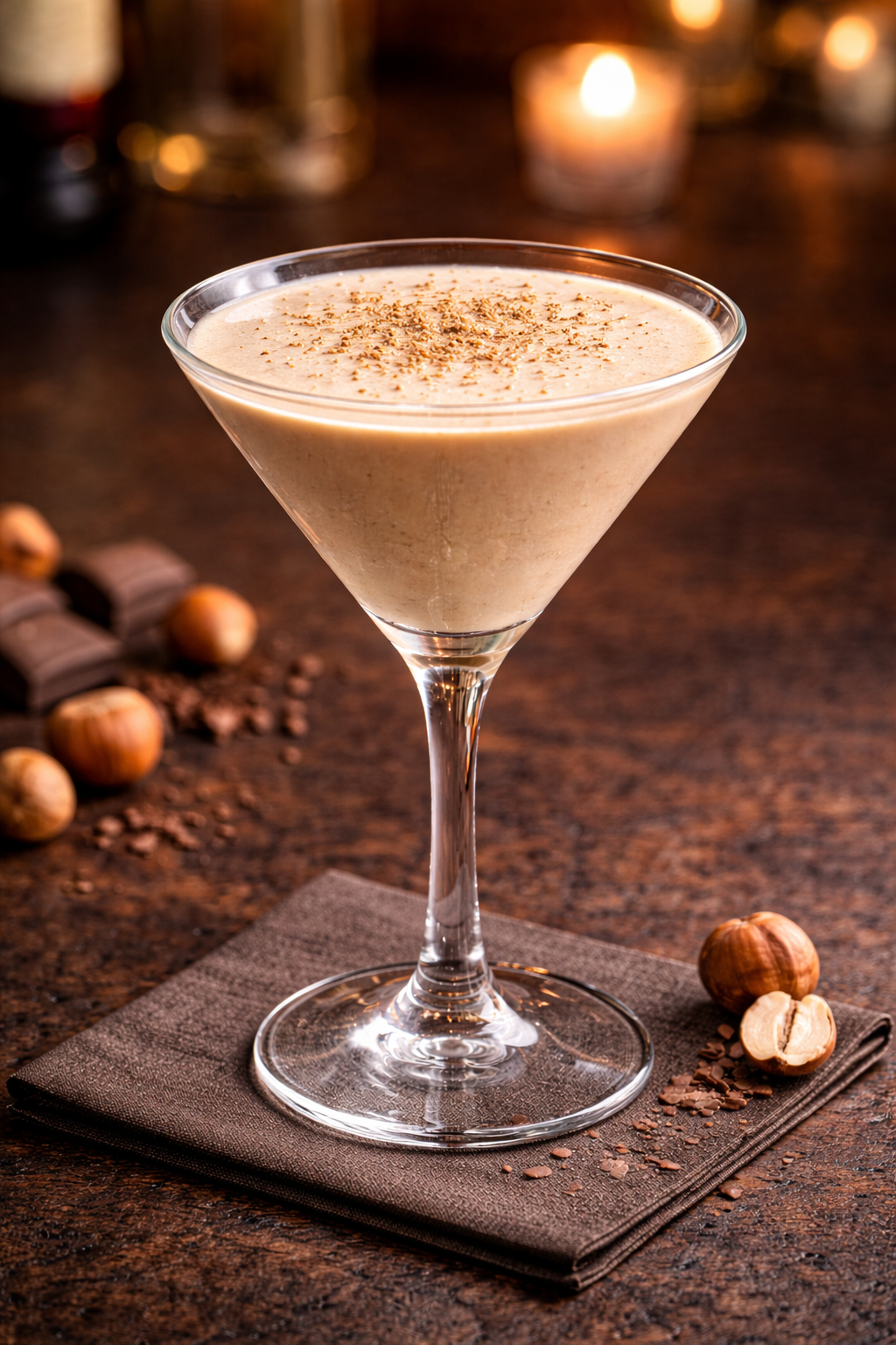 A nutty angel cocktail recipe served in a chilled cocktail glass dusted with nutmeg.