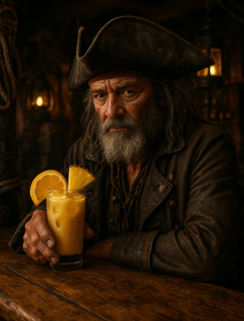 Old Pirate cocktail recipe held by a weathered pirate in a dimly lit tavern