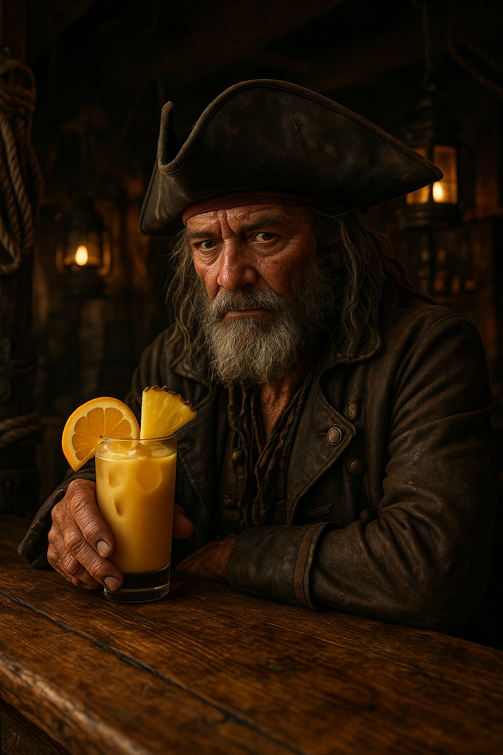 Old Pirate cocktail recipe held by a weathered pirate in a dimly lit tavern