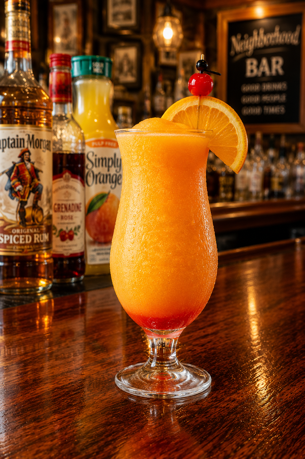 An orange push up cocktail recipe served frozen in a hurricane glass with orange slice and cherry garnish on a neighborhood bar counter.