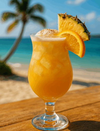 Painkiller cocktail recipe in a hurricane glass with pineapple garnish on a tropical bar