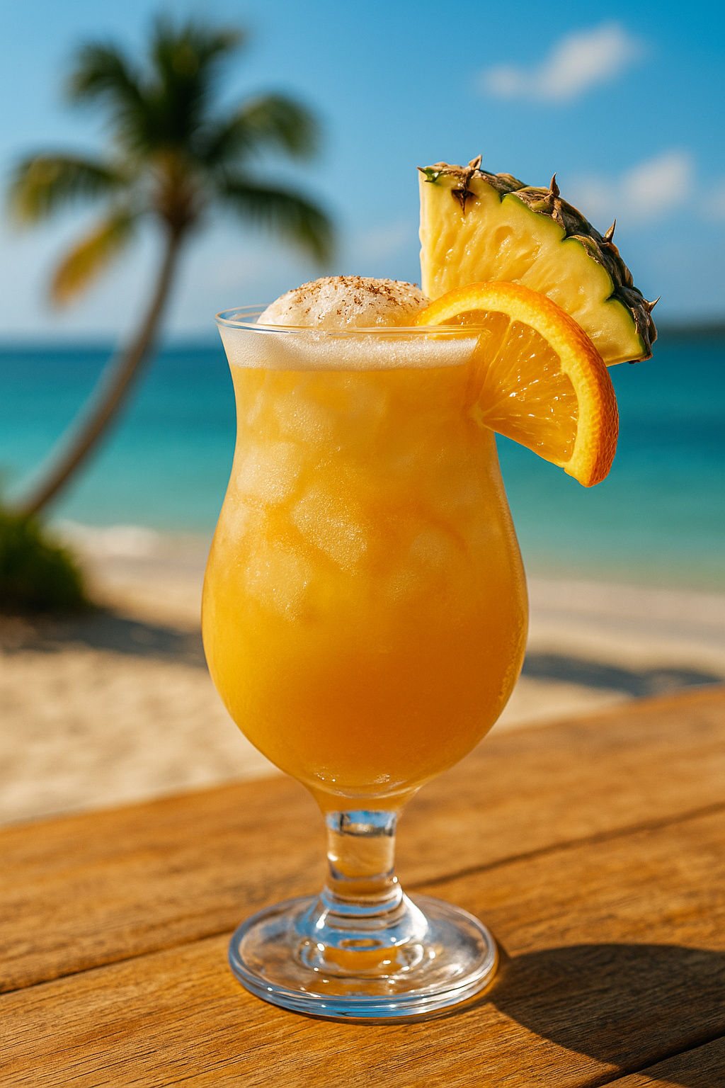 Painkiller cocktail recipe in a hurricane glass with pineapple garnish on a tropical bar