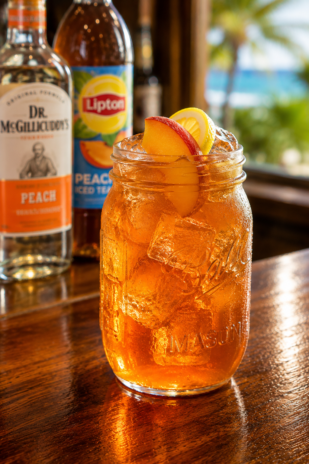 A peach iced tea cocktail recipe served in a mason jar with peach slices, lemon garnish, and ice on a wooden bar counter.