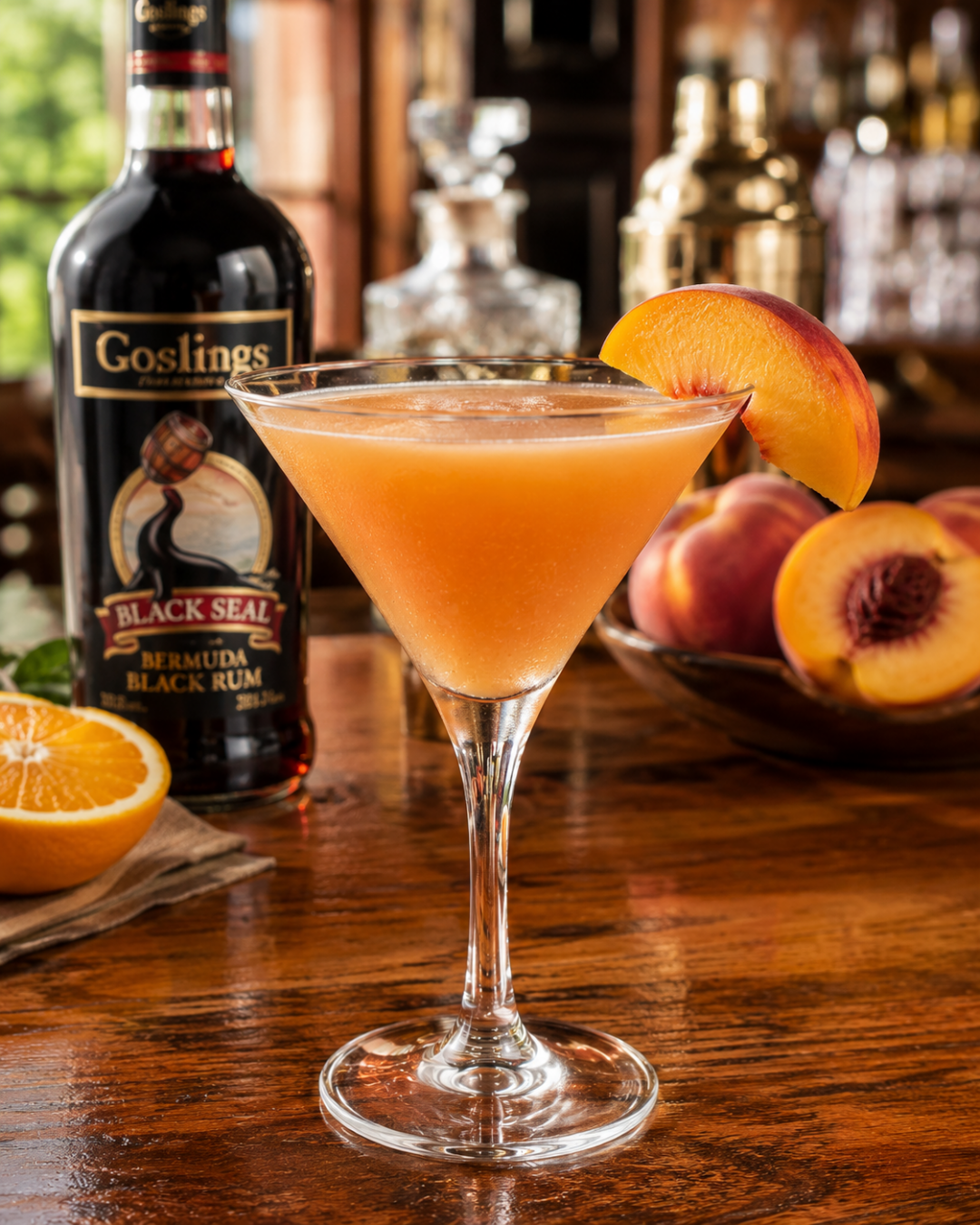A peach melissa cocktail recipe served in a chilled cocktail glass with a fresh peach slice on a polished neighborhood bar counter.