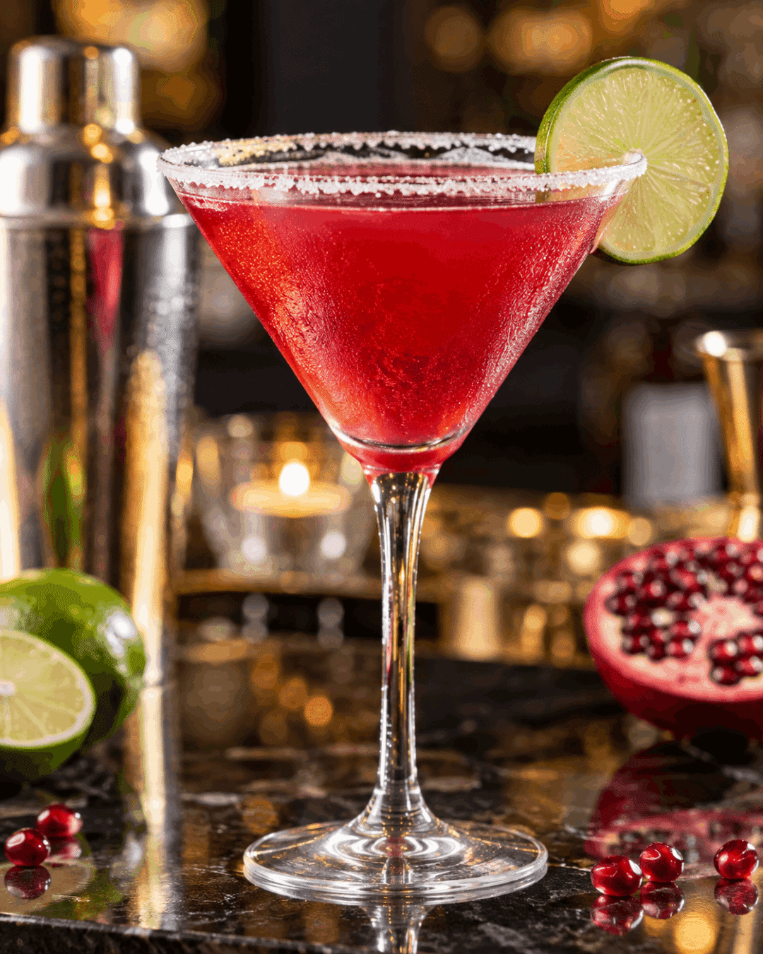 Pomapolitan cocktail recipe made with vodka, Cointreau, pomegranate juice, lime, 7-Up, and sweet and sour mix