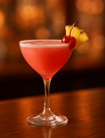 Pretty in Pink cocktail recipe in a sour glass with cherry and pineapple garnish on a polished bar