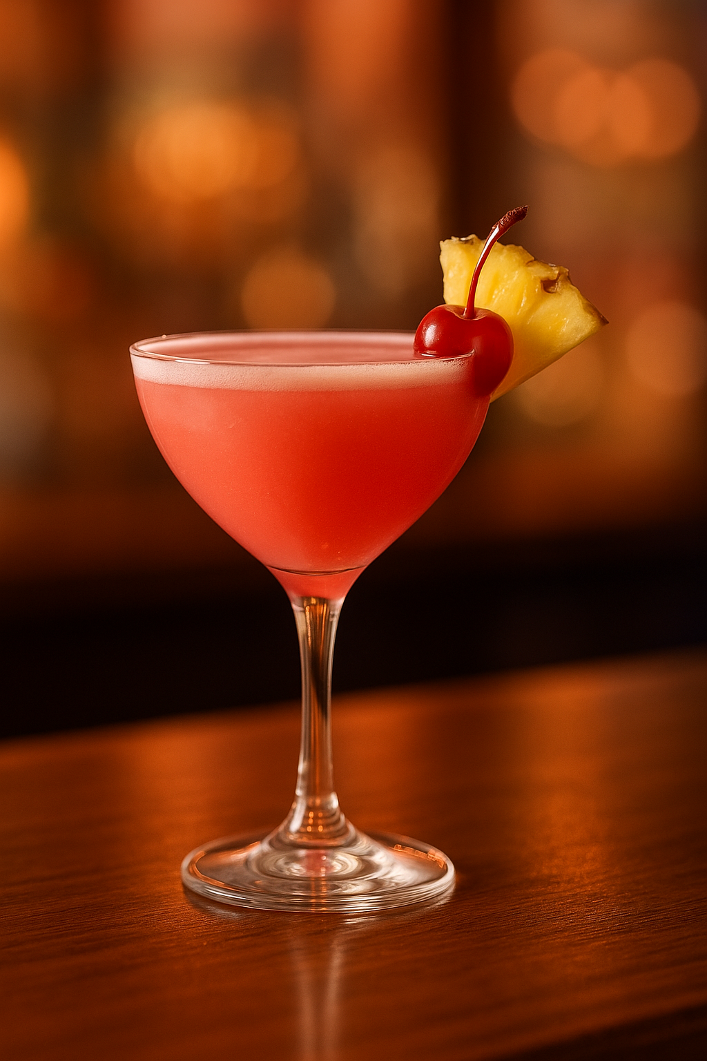 Pretty in Pink cocktail recipe in a sour glass with cherry and pineapple garnish on a polished bar