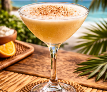 A pussers pain killer cocktail recipe served in a cocktail glass topped with freshly grated nutmeg at a tropical beach setting.