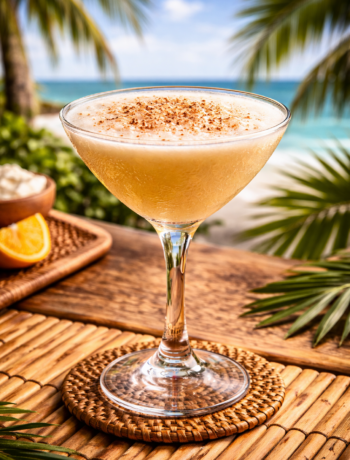 A pussers pain killer cocktail recipe served in a cocktail glass topped with freshly grated nutmeg at a tropical beach setting.