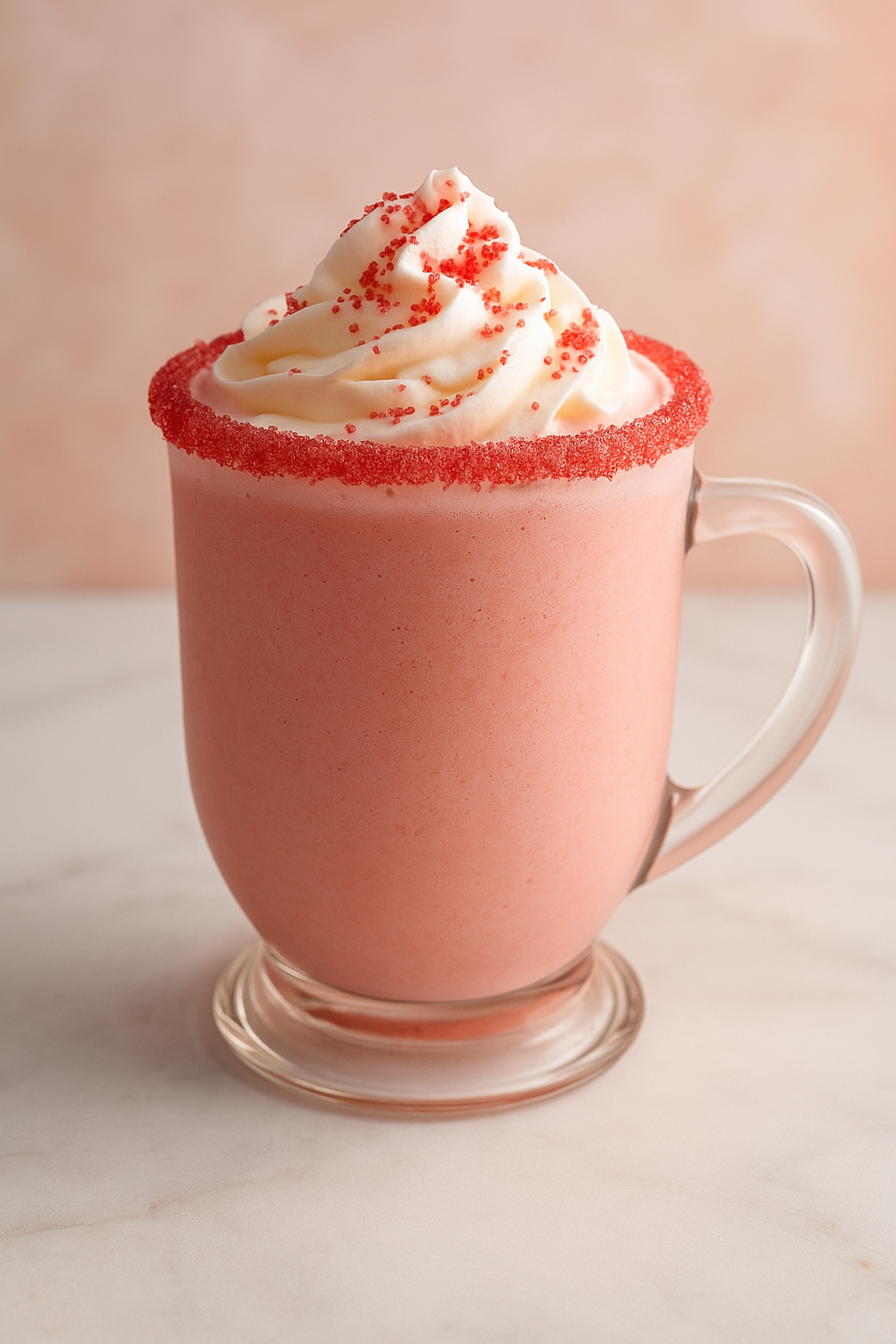Raspberry Beret cocktail recipe served in a mug with whipped cream and red sugar rim on a marble surface
