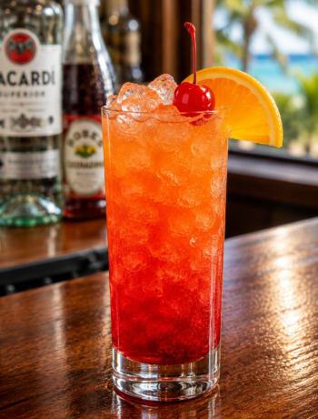 A red rum cocktail recipe served in a highball glass with crushed ice, orange slice, and cherry garnish on a wooden bar counter.