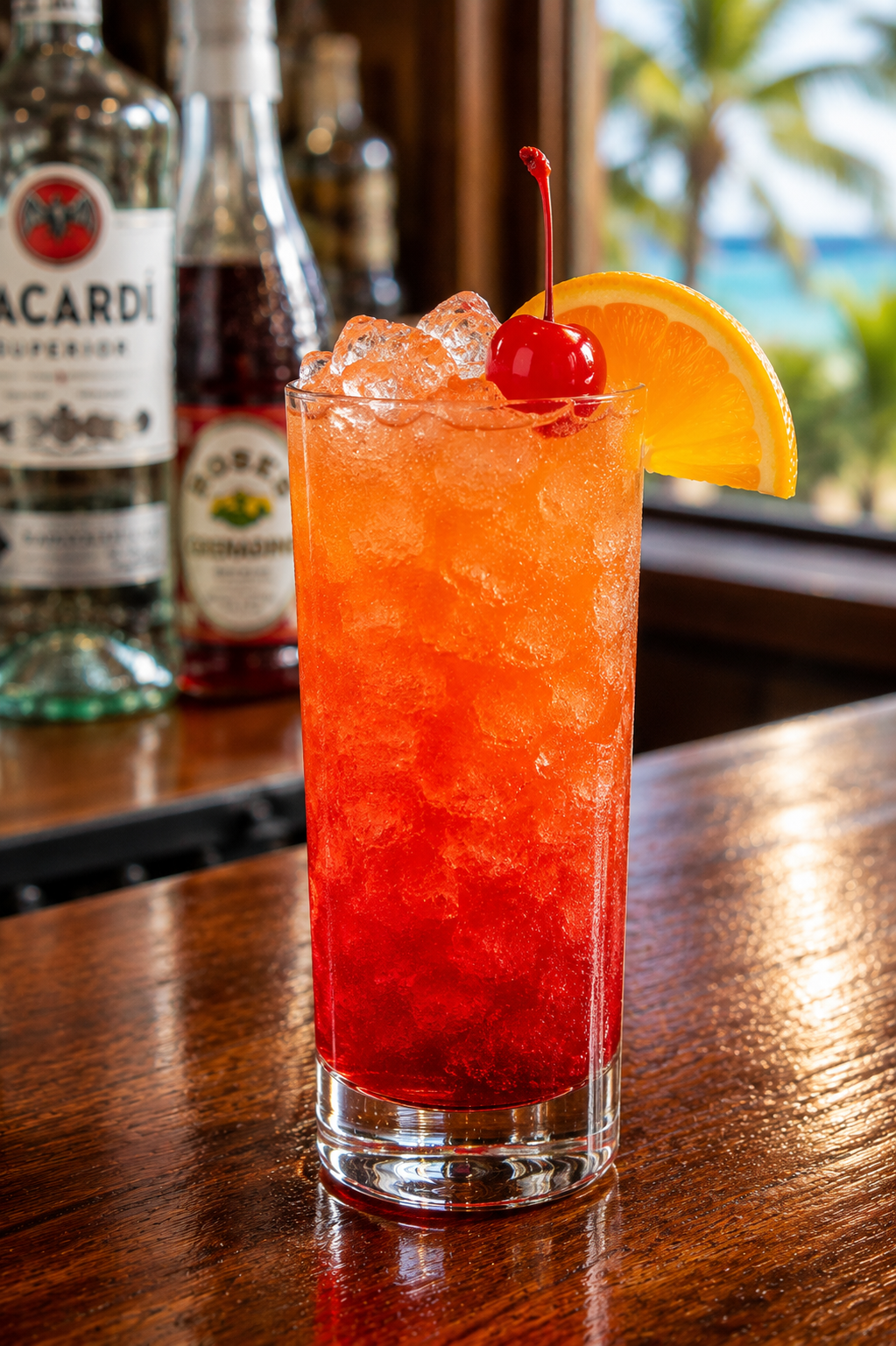 A red rum cocktail recipe served in a highball glass with crushed ice, orange slice, and cherry garnish on a wooden bar counter.