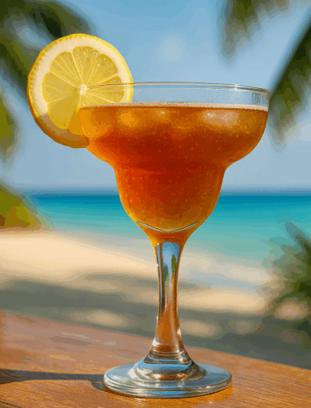 Rum Aid cocktail recipe in a margarita glass with lemon garnish on a tropical bar