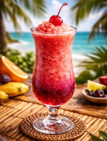 A rum runner island style cocktail recipe served frozen in a hurricane glass with cherry garnish on a tropical beach.