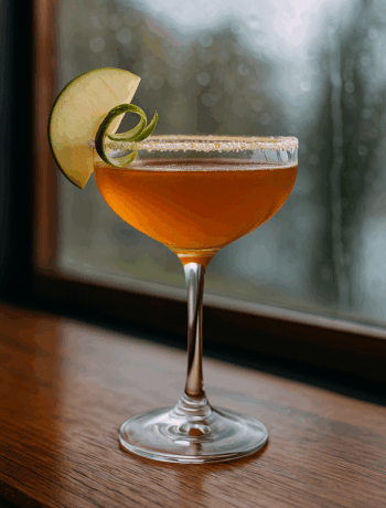 Seattle Sidecar cocktail recipe in a sugar-rimmed cocktail glass with apple garnish and Seattle daylight background