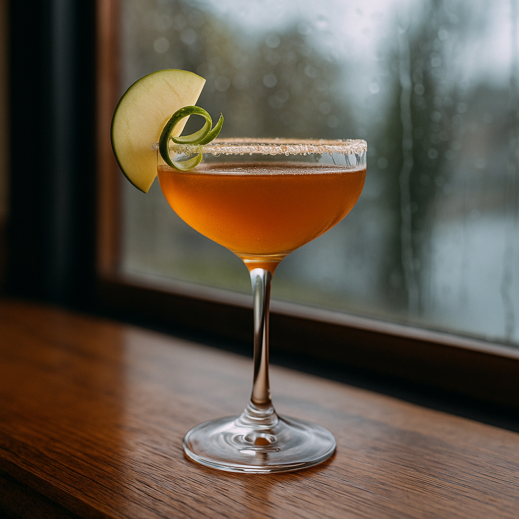 Seattle Sidecar cocktail recipe in a sugar-rimmed cocktail glass with apple garnish and Seattle daylight background