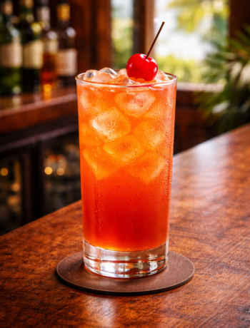 A sex with the captain cocktail recipe served in a highball glass with ice and cherry garnish on a bar counter.