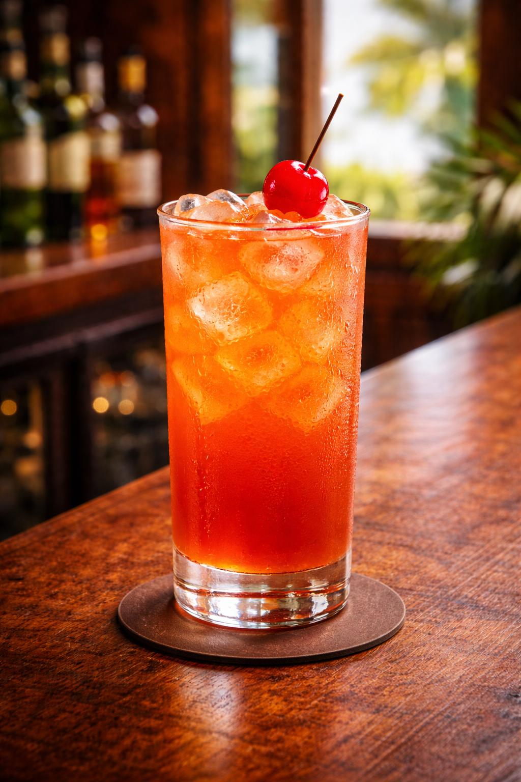 A sex with the captain cocktail recipe served in a highball glass with ice and cherry garnish on a bar counter.
