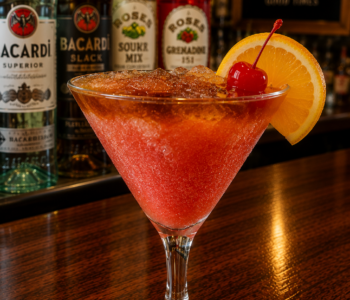 A sharks mai tai cocktail recipe served in a cocktail glass with a Bacardi 151 float, cherry garnish, and orange slice on a neighborhood bar counter.