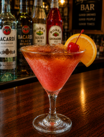 A sharks mai tai cocktail recipe served in a cocktail glass with a Bacardi 151 float, cherry garnish, and orange slice on a neighborhood bar counter.