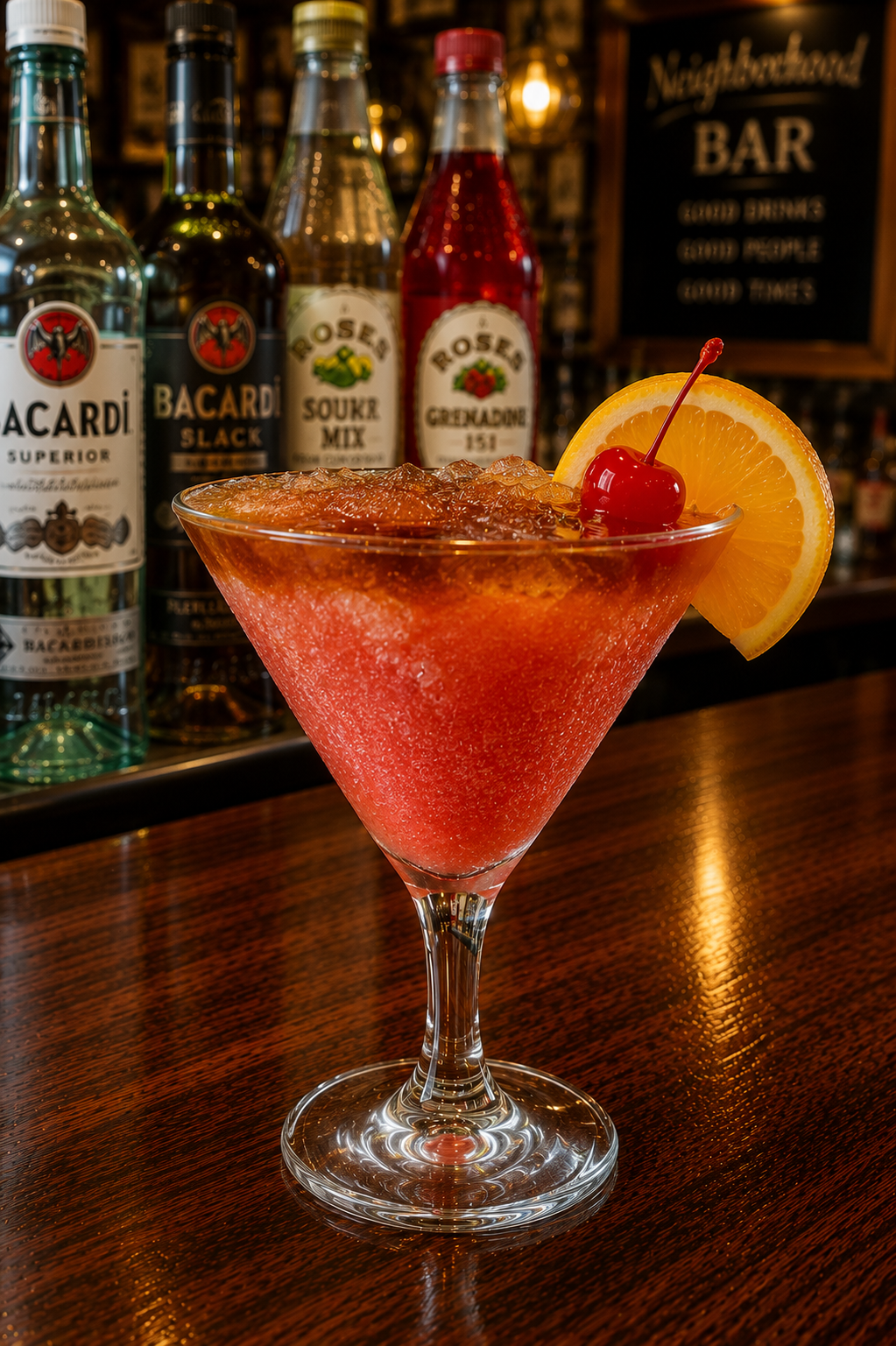 A sharks mai tai cocktail recipe served in a cocktail glass with a Bacardi 151 float, cherry garnish, and orange slice on a neighborhood bar counter.