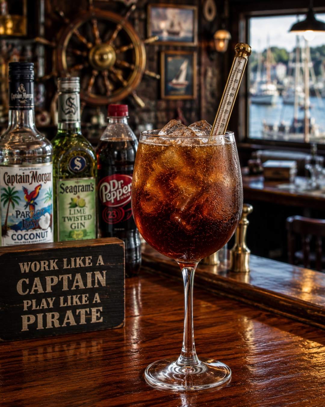 Ships Doctor cocktail recipe with coconut rum, lime gin, Dr. Pepper, and lemon juice served over ice in a white wine glass.