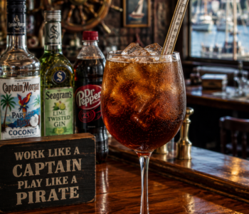 Ships Doctor cocktail recipe with coconut rum, lime gin, Dr. Pepper, and lemon juice served over ice in a white wine glass.
