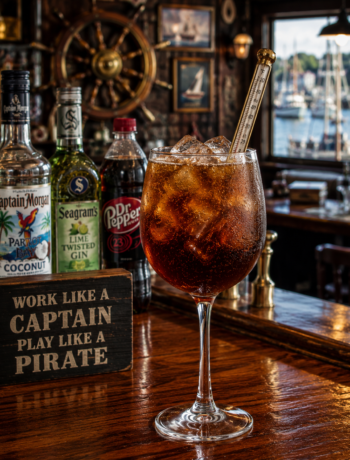Ships Doctor cocktail recipe with coconut rum, lime gin, Dr. Pepper, and lemon juice served over ice in a white wine glass.